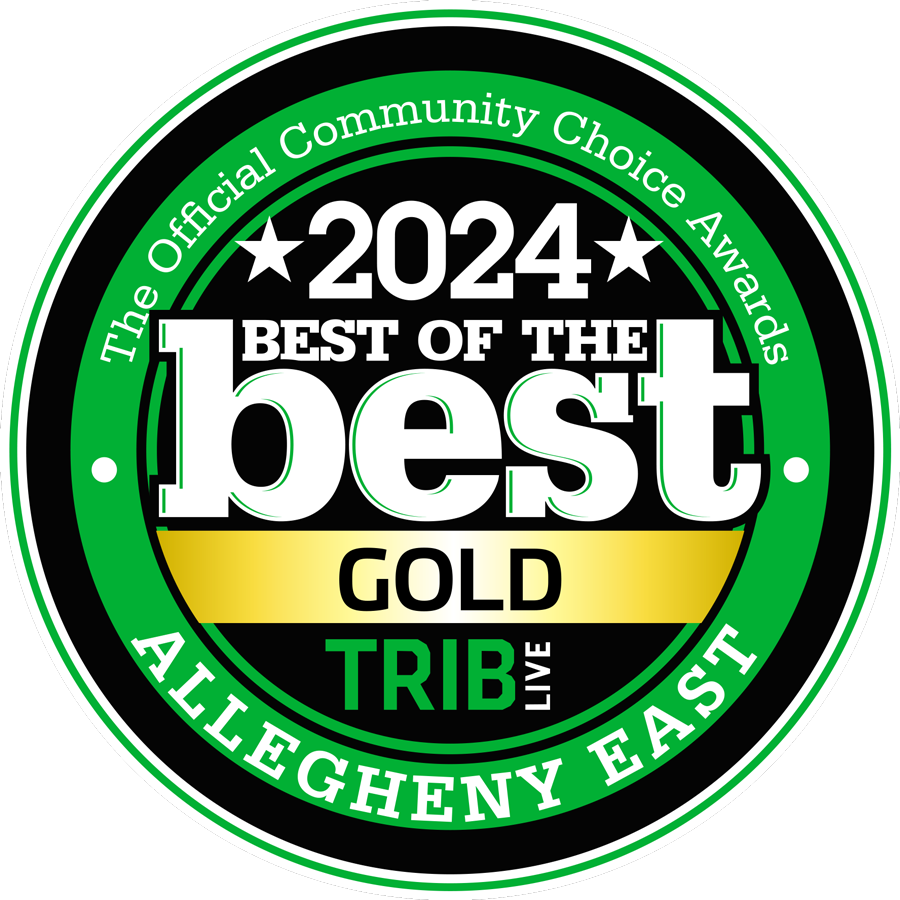 A circular emblem with a green border reads: "The Official Community Choice Awards." Central text states "2024 Best of the Best Gold" with "Trib Live" beneath. Bottom text in the border says "Allegheny East.