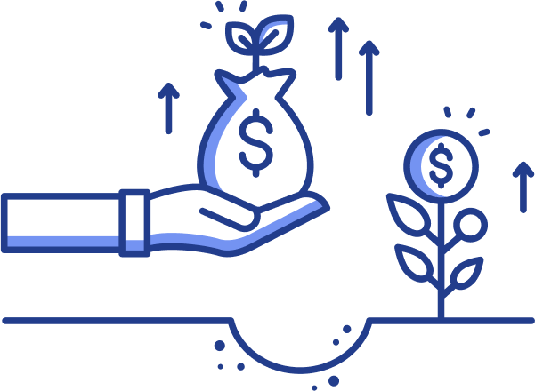 Illustration of a hand holding a money bag with a plant sprouting from it. Next to it is a plant with a dollar sign flower growing. Arrows point upward, symbolizing growth and investment. The design is blue and white.