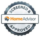 Badge with a circular design featuring a house icon. Text reads "Screened & Approved" around the top and bottom of the circle and "HomeAdvisor" with an orange house symbol in the center.
