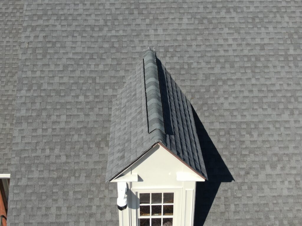 Aerial shot of black asphalt roof replacement done in Springdale, PA
